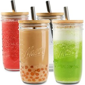 Mason 4 Pack Reusable Boba Smoothie Cups With Glass Jars And Wide Mouth